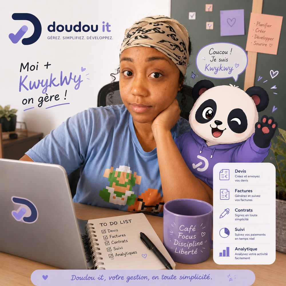Krystel, la fondatrice de Doudou It, à son bureau avec Kwykwy le panda mascotte